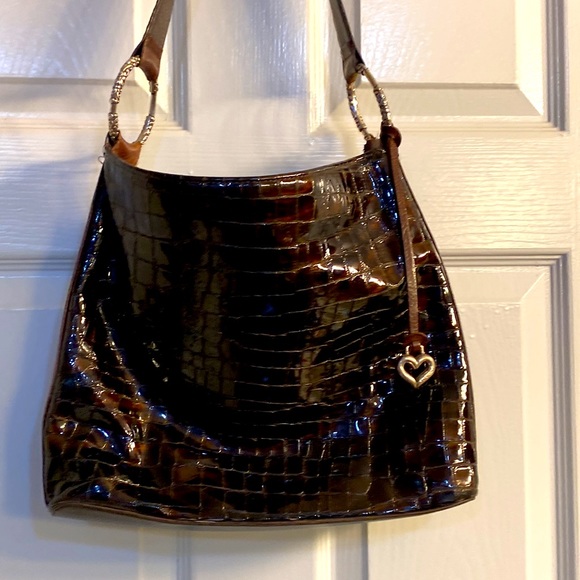 Brighton Shiny Croc-Embossed Shiny leather Brown Shoulder Bag - Picture 2 of 8